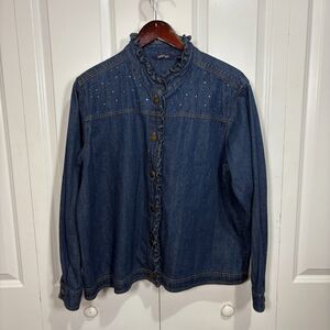 Krazy Kat Denim Jacket Women’s L Boho Western Ruffle Pearl Snap Y2K Bling